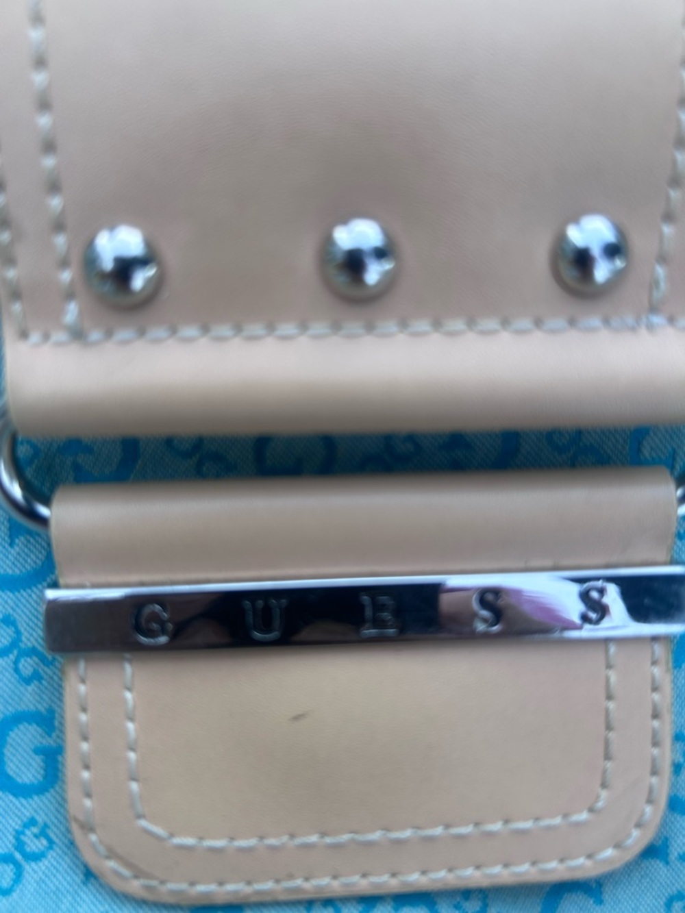 Guess Blue Logo Monogram Shoulder Bag with Tan Trim - Picture 2 of 5